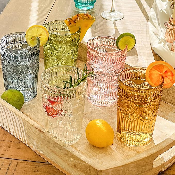 Kate Aspen Vintage Ribbed Green Drinking Glasses Set of 6-13 oz Colored Embossed Glass Cups for Water, Iced Tea, Cocktails - Perfect Holiday Drinkware, Christmas Entertaining & Gift Set