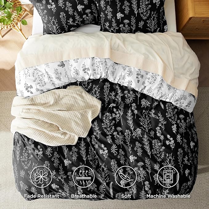 Bedsure Duvet Cover Queen Size - Reversible Black Queen Duvet Cover Set with Zipper Closure, 3 Pieces Floral Patterned Bedding Set with 8 Corner Ties and 2 Pillow Shams