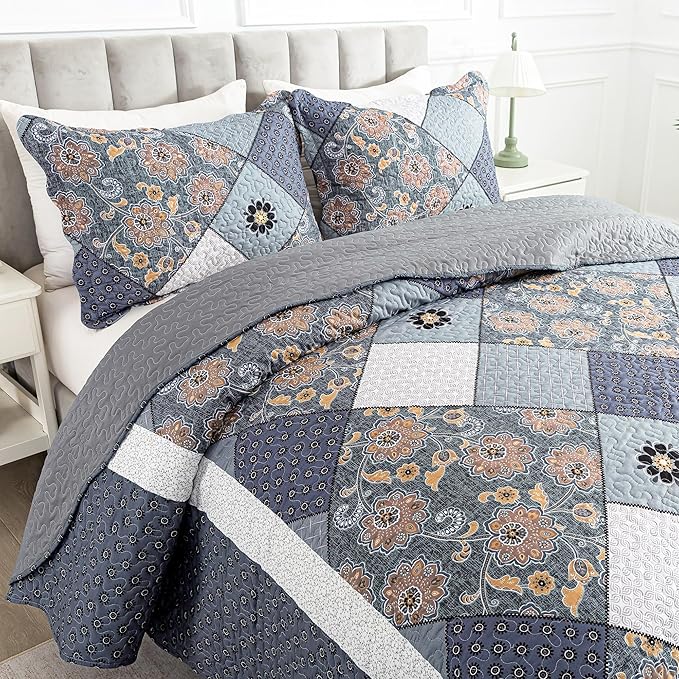 HoneiLife King Quilt Bedding Sets - 3 Piece Microfiber Quilt Set Rustic Bedspread Set Patchwork Coverlet Set for King Bed