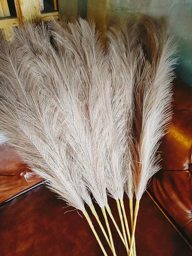 Premium Faux Pampas Grass Decor Tall & Fluffy, No Assembly Needed Long Pampas, Luxury Large Floral, Elegant Feather Flowers for Wedding Decorations (Faux Khaki, 8pcs 43.3"(110cm))