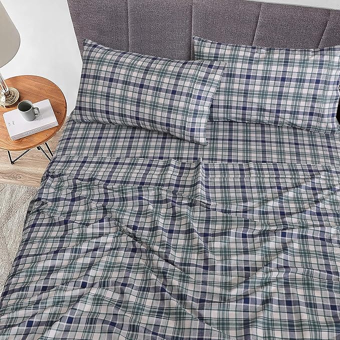 RUVANTI 100% Cotton Split King Sheets Sets for Adjustable Bed, 5 PCs, Soft & Breathable Percale Weave Bedding, Deep Pocket 16", Hotel Standard, Crisp Cool Feel & Durable Sheet, Greenish Blue Plaid