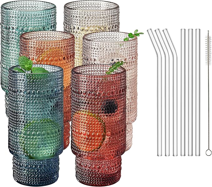 Khen Colored Vintage Art Deco Glasses - Martini, Margarita, Cocktail & Champagne Ribbed Glasses | Set of 6 | Cute Pastel Crystal Cocktails Glassware, Stemmed Glassware Gift - Hobnail Tumblers & Straws