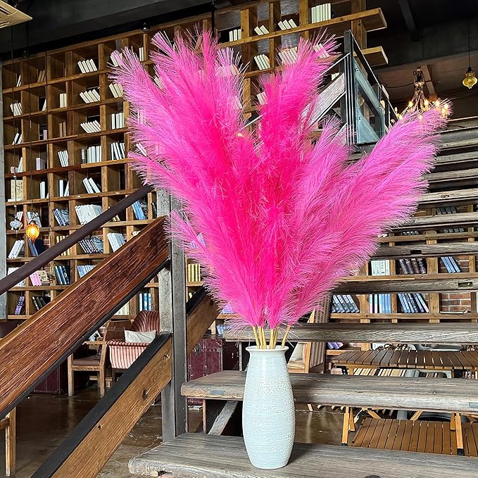 Premium Faux Pampas Grass Decor Tall & Fluffy, No Assembly Needed Long Pampas, Luxury Large Floral, Elegant Feather Flowers for Wedding Decorations (Faux Hot Pink, 8pcs 43.3"(110cm))