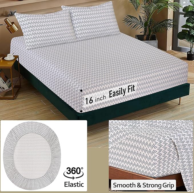 RUVANTI 100% Cotton Full Size Bed Sheets, 4 Pieces, Soft & Breathable Percale Weave Bedding, Deep Pocket 16", Hotel Standard, Crisp Cool Feel, Durable, Perfect Sheet Set Floral, Chevron