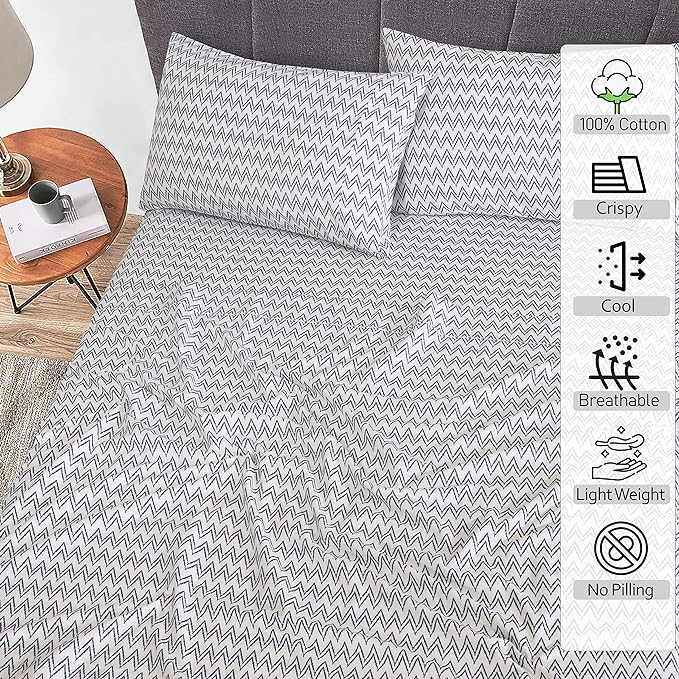 RUVANTI 100% Cotton Full Size Bed Sheets, 4 Pieces, Soft & Breathable Percale Weave Bedding, Deep Pocket 16", Hotel Standard, Crisp Cool Feel, Durable, Perfect Sheet Set Floral, Chevron