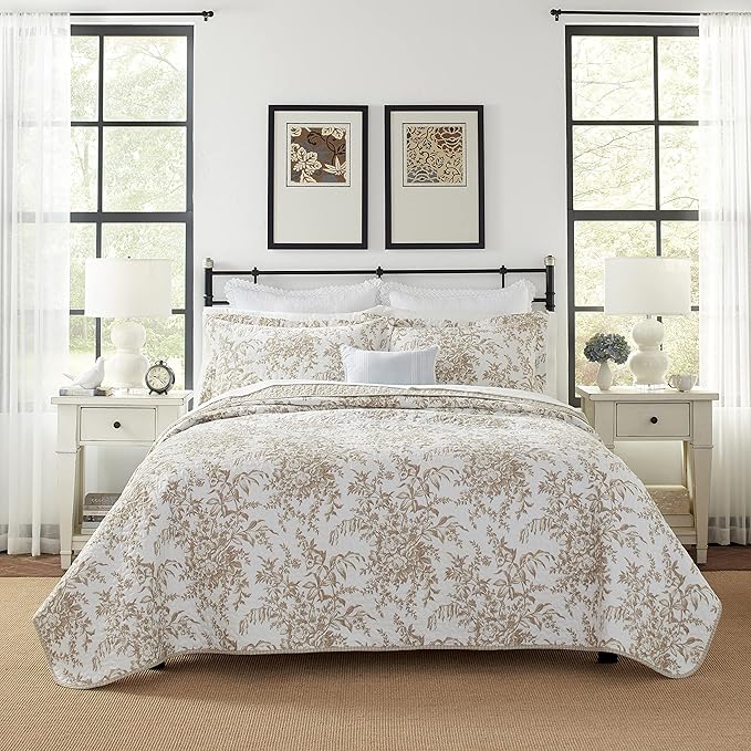 Laura Ashley - Twin Quilt Set, Reversible Cotton Bedding with Matching Sham, Medium-Weight for Year Round Use, Dorm Essentials (Bedford Mocha)