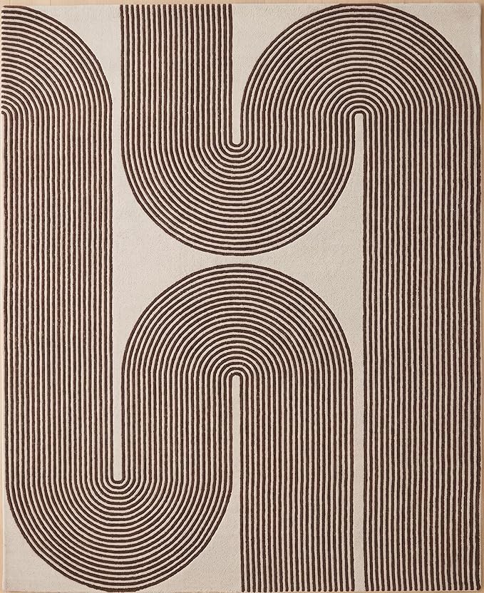 Modern Handmade Wool Area Rug, Abstract Curved Line Geometric Indoor Carpet for Living Room Bedroom, Contemporary Tufted Rug with Soft Pile and Cotton Backing (Cocoa Brown, 6' x 8')