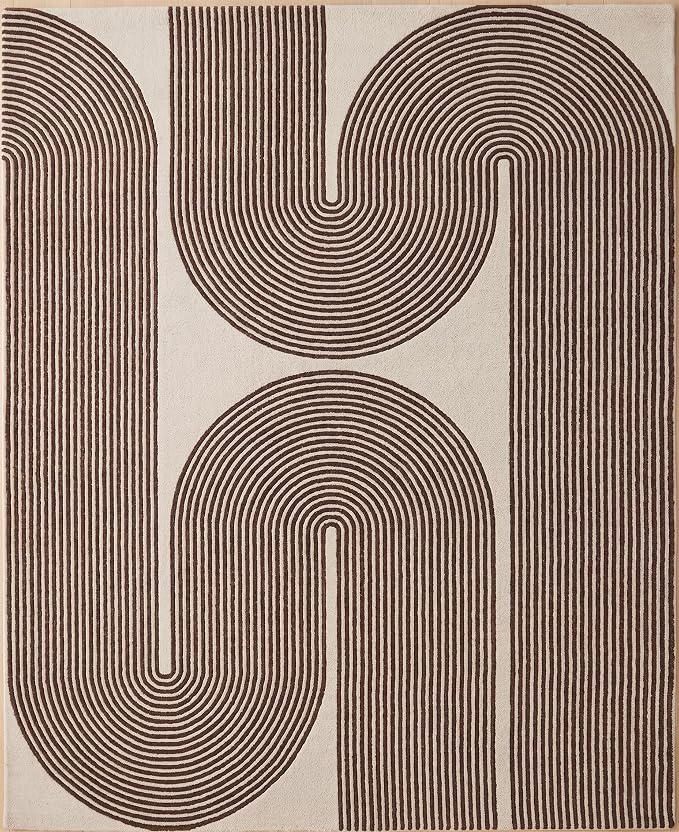 Modern Handmade Wool Area Rug, Abstract Curved Line Geometric Indoor Carpet for Living Room Bedroom, Contemporary Tufted Rug with Soft Pile and Cotton Backing (Cocoa Brown, 8' x 10')