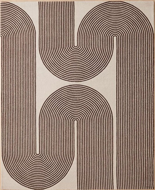 Modern Handmade Wool Area Rug, Abstract Curved Line Geometric Indoor Carpet for Living Room Bedroom, Contemporary Tufted Rug with Soft Pile and Cotton Backing (Cocoa Brown, 8' x 10')