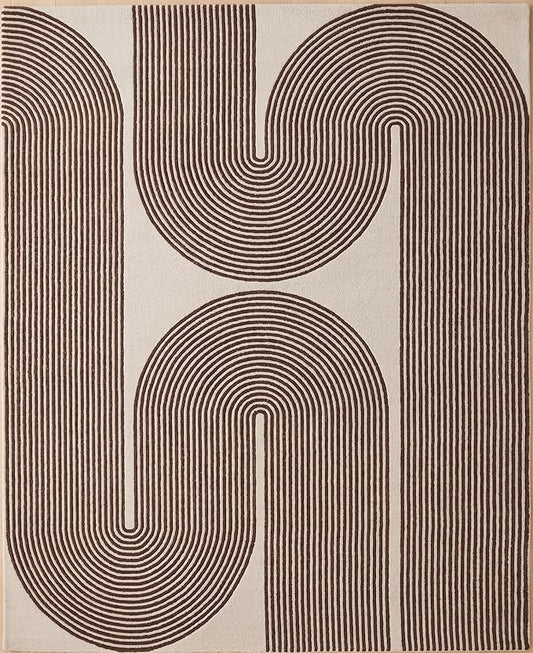 Modern Handmade Wool Area Rug, Abstract Curved Line Geometric Indoor Carpet for Living Room Bedroom, Contemporary Tufted Rug with Soft Pile and Cotton Backing (Cocoa Brown, 5' x 8')