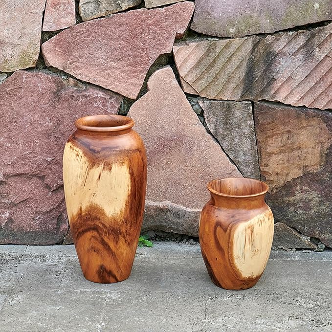 Natural Wood Vase 7.1" x 7.1" x 19.7" H Wooden Brown Handmade Acacia Vase Rustic Decorative Flower Holder Vintage Artworks Planter for Living Room Floor Home Christmas Décor