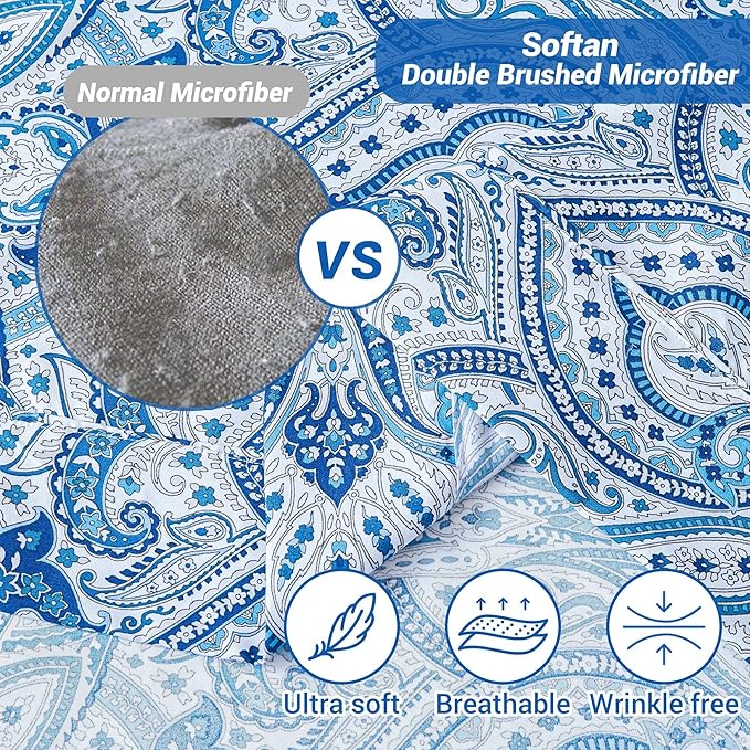 Softan Blue Paisley Printed Bed Sheets Full Size, Floral Sheet Set Full, Brushed Microfiber Patterned Fitted Sheet with 15" Deep Pocket & Non-Slip Straps, Blue Flower Sheets & Pillowcase Set