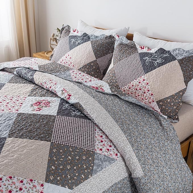 HoneiLife King Quilt Bedding Set - 3 Pieces Microfiber Quilt Sets Lightweight Bedspreads Reversible Coverlets Retro Bed Cover Quilt King Size All Season Quilts-Grey