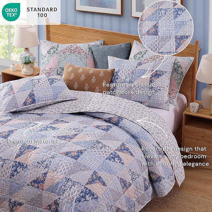Quilt Set Twin Size, Patchwork Blue Pink Marigold Floral Quilt Sets, Reversible Bedspread Lightweight and Breathable for All Seasons, Soft Quilted Bedspread with 1 Pillow Sham
