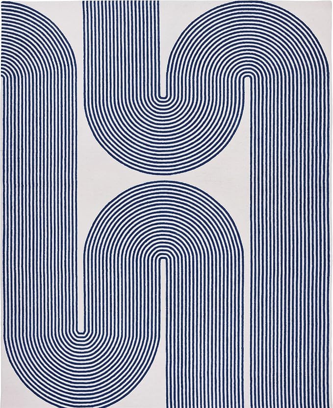 Modern Handmade Wool Area Rug, Abstract Curved Line Geometric Indoor Carpet for Living Room Bedroom, Contemporary Tufted Rug with Soft Pile and Cotton Backing (Royal Blue, 8' x 10')