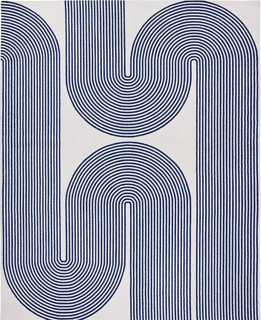 Modern Handmade Wool Area Rug, Abstract Curved Line Geometric Indoor Carpet for Living Room Bedroom, Contemporary Tufted Rug with Soft Pile and Cotton Backing (Royal Blue, 6' x 9')