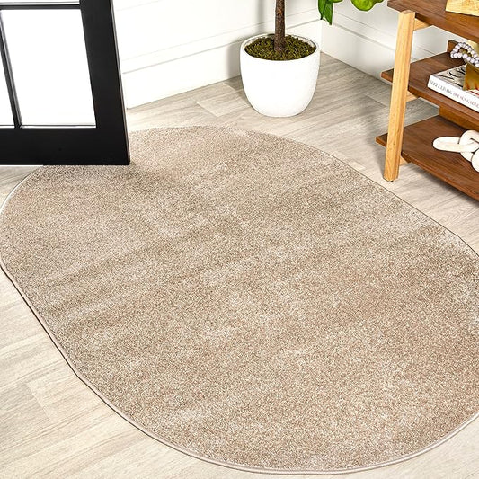 JONATHAN Y Haze Solid Low-Pile Beige 4x6 Oval Indoor Area Rug, Coastal,Bohemian,Minimalist,Classic, Easy-Cleaning for Living Room,Bedroom,Kitchen,Pet Friendly,Non-Shedding (SEU100G-4OV)