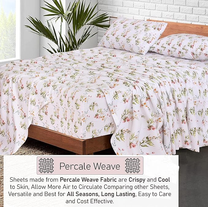 RUVANTI 100% Cotton Split King Sheets Sets for Adjustable Bed, 5 PCs, Soft & Breathable Percale Weave Bedding, Deep Pocket 16", Hotel Standard, Crisp Cool Feel & Durable, Floral Sheet, Floral Bliss