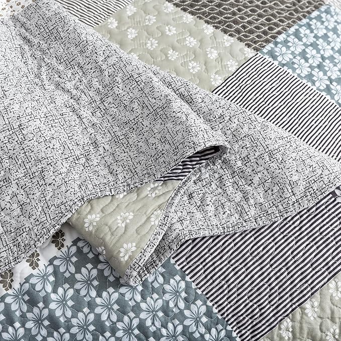 HoneiLife Queen Size Quilt Set - 3 Piece Microfiber Quilts Reversible Bedspreads Patchwork Coverlets Rustic Bedding Set for Queen Bed