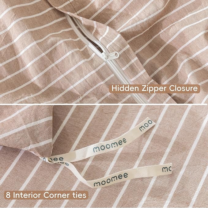 MooMee Striped Duvet Cover Set 100% Washed Cotton Linen Like Textured Breathable Durable Soft Comfy (Orange White Wide Stripes, Full 80"x90")