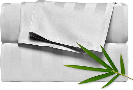 Pure Bamboo Queen Sheets, Genuine 100% Organic Viscose Derived from Bamboo Bed Sheet Set, Luxuriously Soft & Cooling, Double Stitching, 2 Year Quality Promise (Queen, Jacquard White)