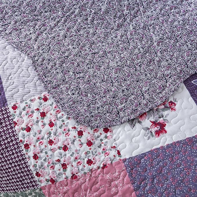 HoneiLife Queen Quilt Bedding Set - 3 Pieces Microfiber Quilt Sets Lightweight Bedspreads Reversible Coverlets Retro Bed Cover Floral Bedding Set All Season Quilts-Purple