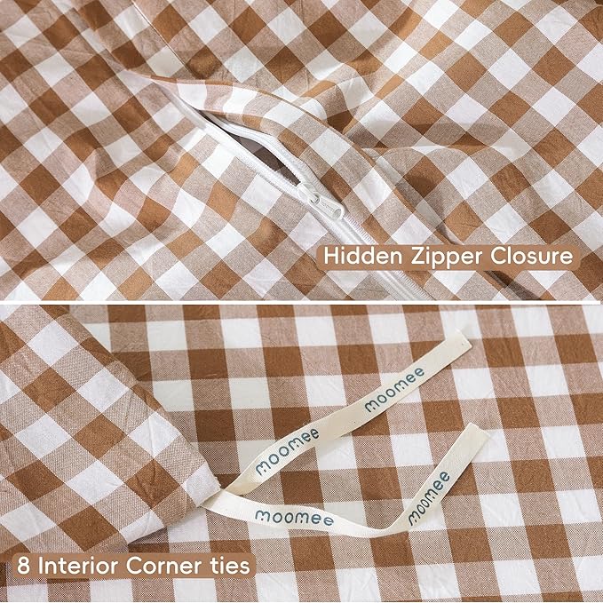 MooMee Gingham Duvet Cover Set 100% Washed Cotton Linen Like Textured Breathable Durable Soft Comfy Modern Checkered Design (Dark Orange Gingham, Queen 90"x90")