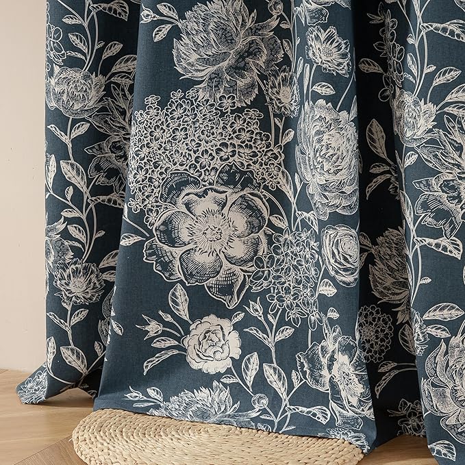 Floral Curtains Blue Peony Blackout Curtains Pattern - Vintage Blackout Curtains with Grommet, Boho Floral for Nursery Office, Cotton Blend Printed Curtains, 52" W x 63" L