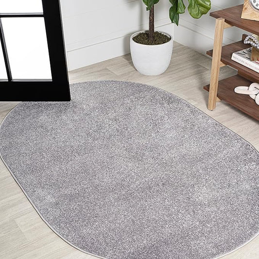 JONATHAN Y Haze Solid Low-Pile Gray 3x5 Oval Indoor Area Rug, Coastal,Bohemian,Minimalist,Classic, Easy-Cleaning for Living Room,Bedroom,Kitchen,Pet Friendly,Non-Shedding (SEU100A-3OV)