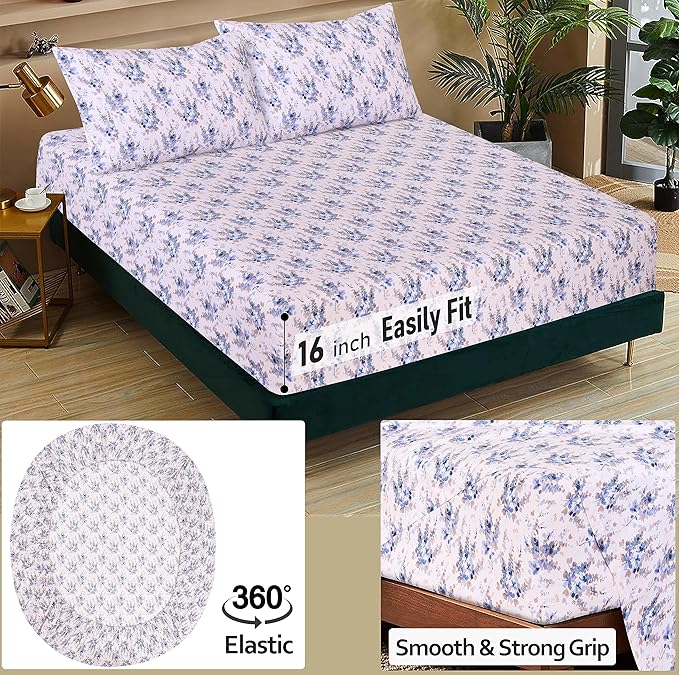 RUVANTI 100% Cotton King Size Sheets Set, 4 Pieces, Soft & Breathable Percale Weave Bedding, Deep Pocket 16", Hotel Standard, Crisp Cool Feel, Durable, Perfect Floral Bed Sheet, Maple