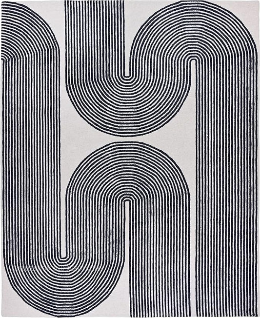 Modern Handmade Wool Area Rug, Abstract Curved Line Geometric Carpet for Living Room Bedroom, Contemporary Tufted Indoor Rug with Soft Pile and Cotton Backing (Ink, 10' x 14')