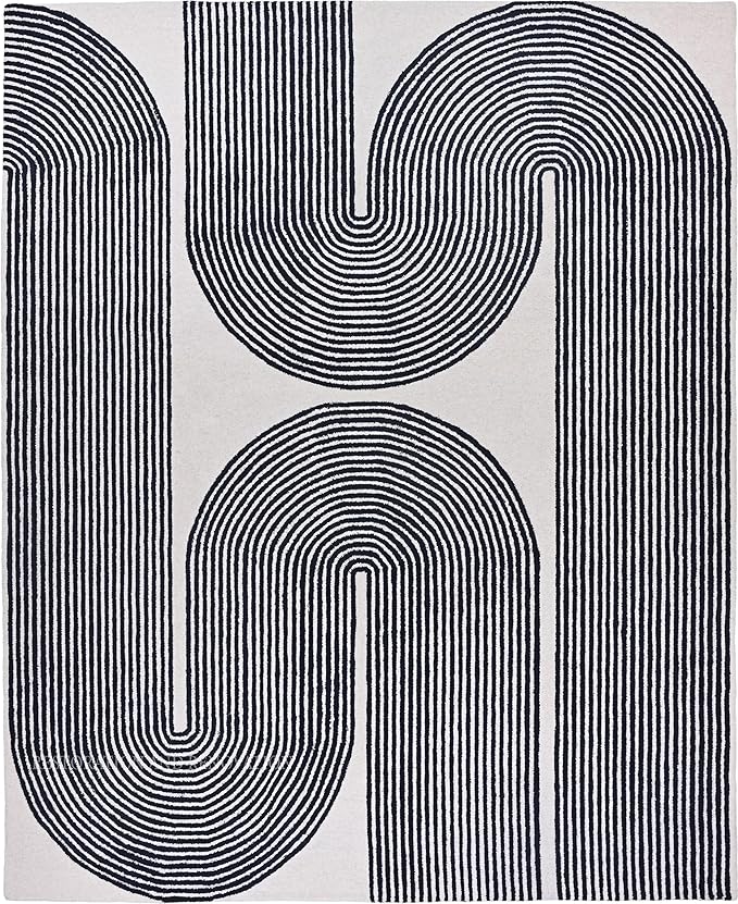 Modern Handmade Wool Area Rug, Abstract Curved Line Geometric Carpet for Living Room Bedroom, Contemporary Tufted Indoor Rug with Soft Pile and Cotton Backing (Ink, 3' x 5')