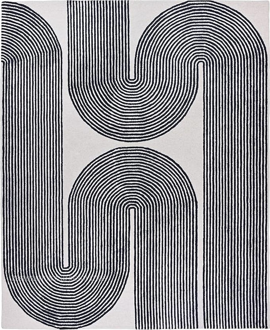 Modern Handmade Wool Area Rug, Abstract Curved Line Geometric Carpet for Living Room Bedroom, Contemporary Tufted Indoor Rug with Soft Pile and Cotton Backing (Ink, 3' x 5')