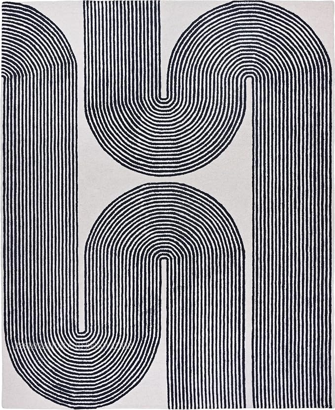 Modern Handmade Wool Area Rug, Abstract Curved Line Geometric Carpet for Living Room Bedroom, Contemporary Tufted Indoor Rug with Soft Pile and Cotton Backing (Ink, 9'x 12')