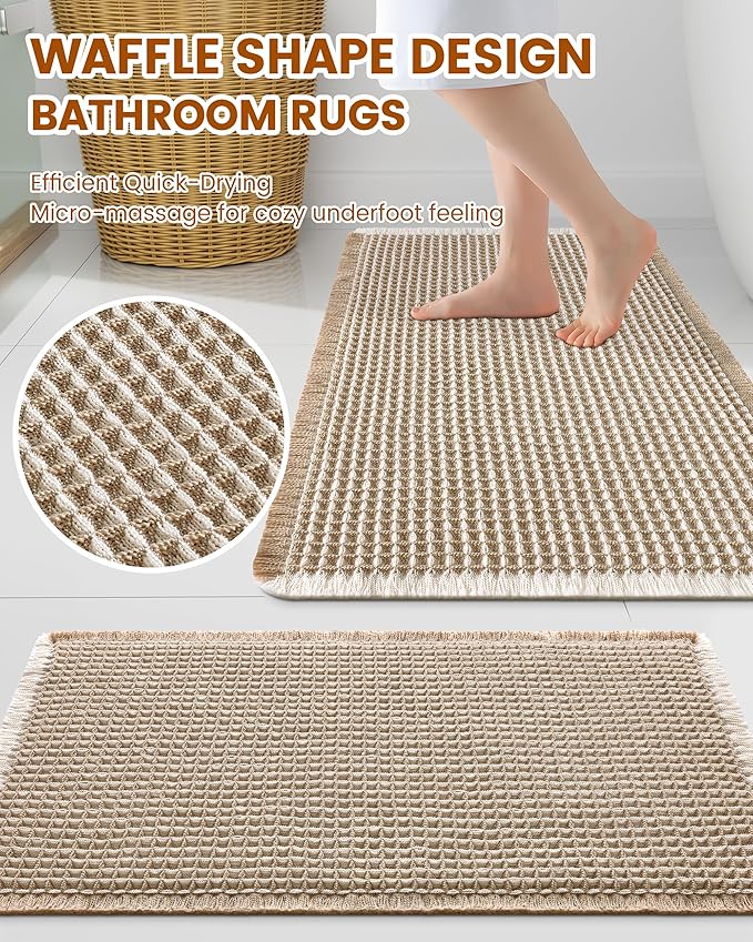 Smiry Waffle Bath Mat 24x16, Extra Soft Absorbent Bathroom Rugs, Non Slip Machine Washable Quick Dry Bath Rugs for Bathroom Floor, Tub, Shower, Home Decor Accessories, Brown & Cream