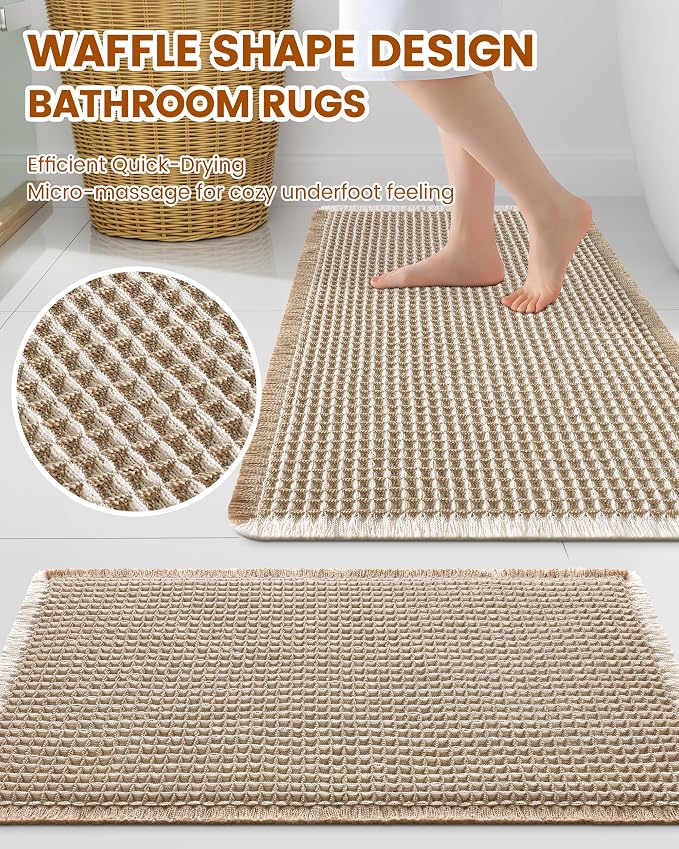 Smiry Waffle Bath Mat 47x32, Extra Soft Absorbent Bathroom Rugs, Non Slip Machine Washable Quick Dry Bath Rugs for Bathroom Floor, Tub, Shower, Home Decor Accessories, Brown & Cream