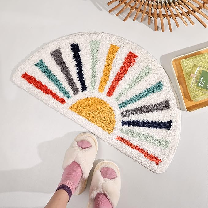 TRUEDAYS Colorful Boho Bath Mat Half Round Water Absorbent Non-Slip Bathroom Rugs, Machine Washable Soft Microfiber Sun Bath Rug for Bathroom, Shower, Room