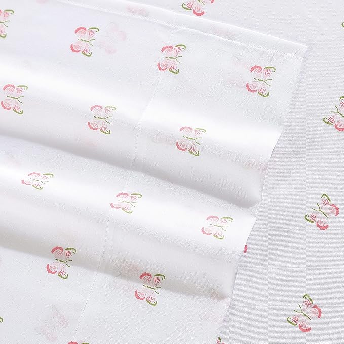 Laura Ashley Kids - Queen Sheet Set, Soft & Wrinkle-Resistant Toddler Bedding Set, Ideal Girl Room Essentials, Bed Sheets with Matching Pillowcases (Fluttery Friends Pink)