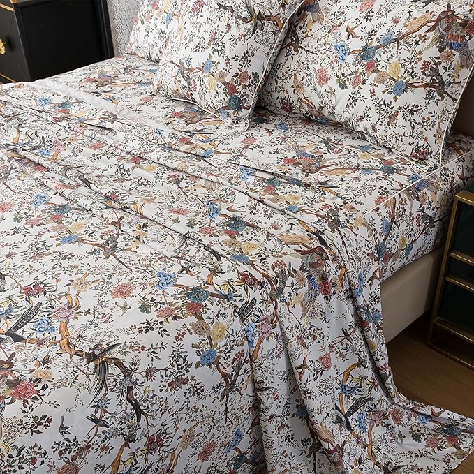 FADFAY Sheets Set Cal King Shabby Botanical Bird Floral Bed Sheets Vintage Mocha Mousse Branches Bedding Collections 100% Egyptian Cotton Breathable Soft 17.7" Deep Pocket 4Pcs, California King Size