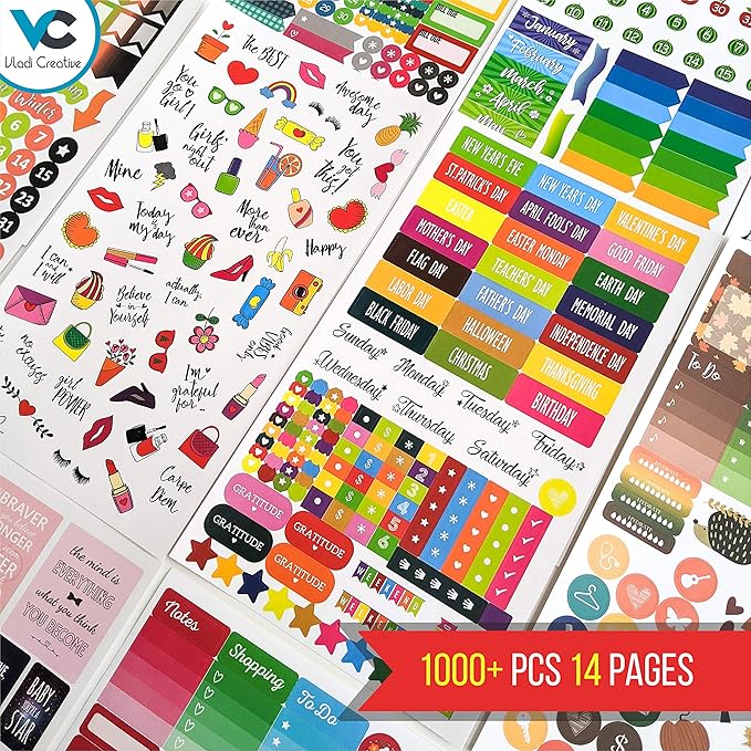 Vladi Creative Planner Stickers - 1054 Pieces, 15 Sheets, Decorative & Productivity-Boosting Colorful Stickers for Journals, Calendars, Scrapbooking, Time Management, & DIY Planner Decoration