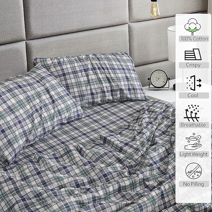 RUVANTI 100% Cotton California King Sheet Sets, 4 Pieces, Soft & Breathable Percale Weave Bedding, Deep Pocket 14", Hotel Standard, Crisp Cool Feel & Durable, Perfect Sheets, Greenish Blue Plaid