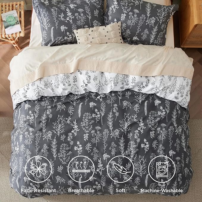 Bedsure Duvet Cover Queen Size - Reversible Dark Grey Queen Duvet Cover Set with Zipper Closure, 3 Pieces Floral Patterned Bedding Set with 8 Corner Ties and 2 Pillow Shams
