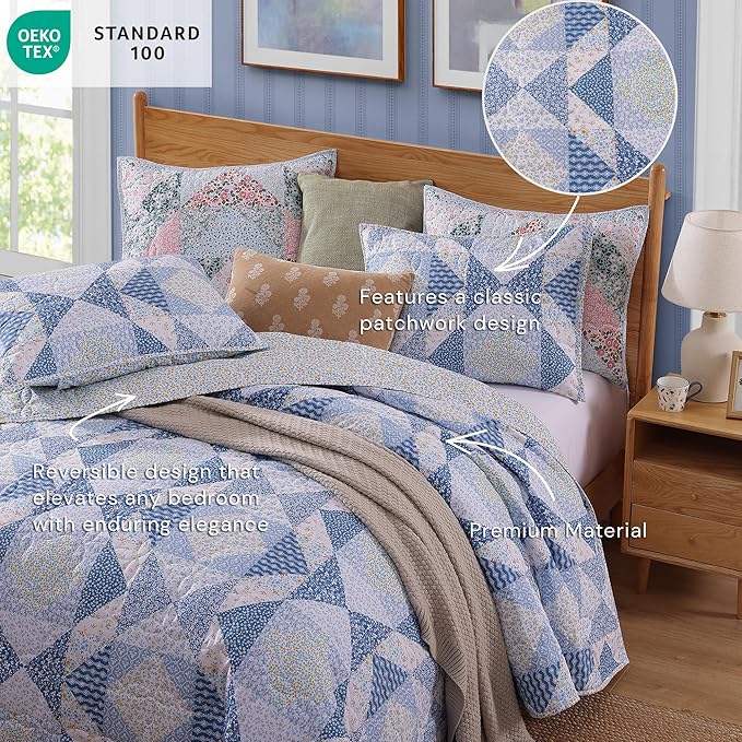 Quilt Set Queen Size, Patchwork Blue Marigold Floral Quilt Sets, Reversible Bedspread Lightweight and Breathable for All Seasons, Soft Quilted Bedspread with 2 Pillow Shams