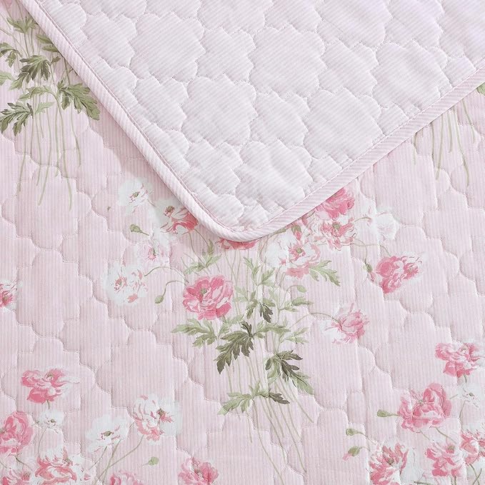 Laura Ashley - Twin Quilt Set, Reversible Cotton Bedding with Matching Sham, Medium-Weight for Year Round Use, Dorm Essentials, Coquette Room Decor (Veronicas Bouquet Pink)