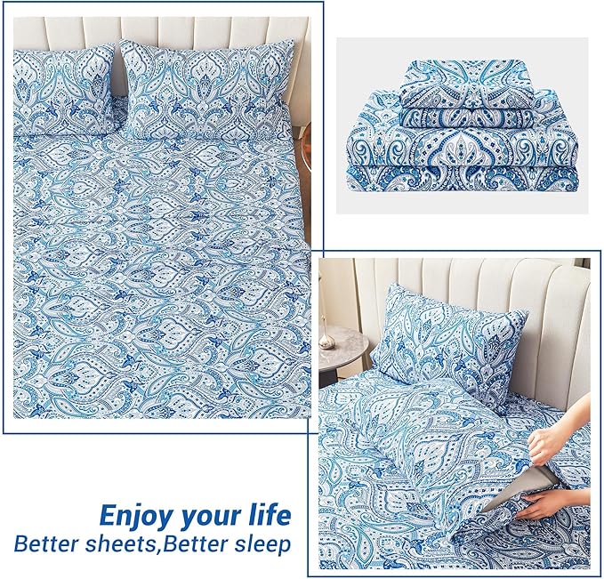 Softan Blue Paisley Printed Bed Sheets Full Size, Floral Sheet Set Full, Brushed Microfiber Patterned Fitted Sheet with 15" Deep Pocket & Non-Slip Straps, Blue Flower Sheets & Pillowcase Set