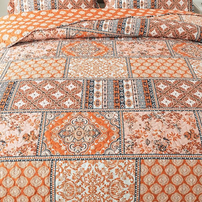 HoneiLife Vintage Quilt Sets Queen - 3 Pieces Microfiber Quilt Sets Lightweight Bedspreads Floral Coverlets Retro Bed Cover All Season Quilts-Pumpkin
