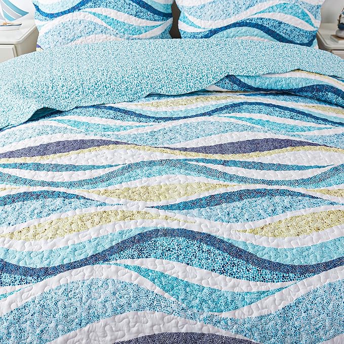 HoneiLife California King Quilt 120x120 - Beach Quilt 3 Pieces, Coastal Quilt Sets, Oversized King Bedspreads, Nautical Bedspreads Ocean Coverlets, Lightweight Bed Cover, Summer Quilts