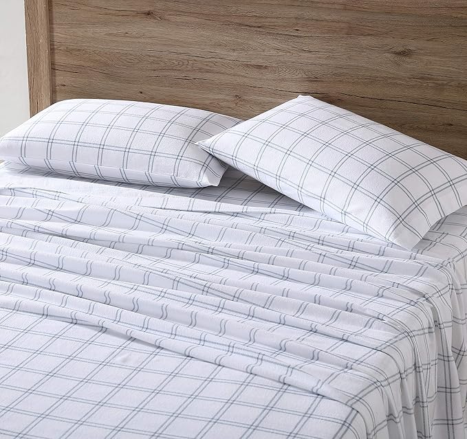 Eddie Bauer - Flannel Sheets King Size, Anti-Pilling & Wrinkle Resistant Cotton, Touchably Soft for All-Season Comfort - Bed Sheets with Matching Pillowcases & Fitted Sheet (Westridge Plaid Blue)