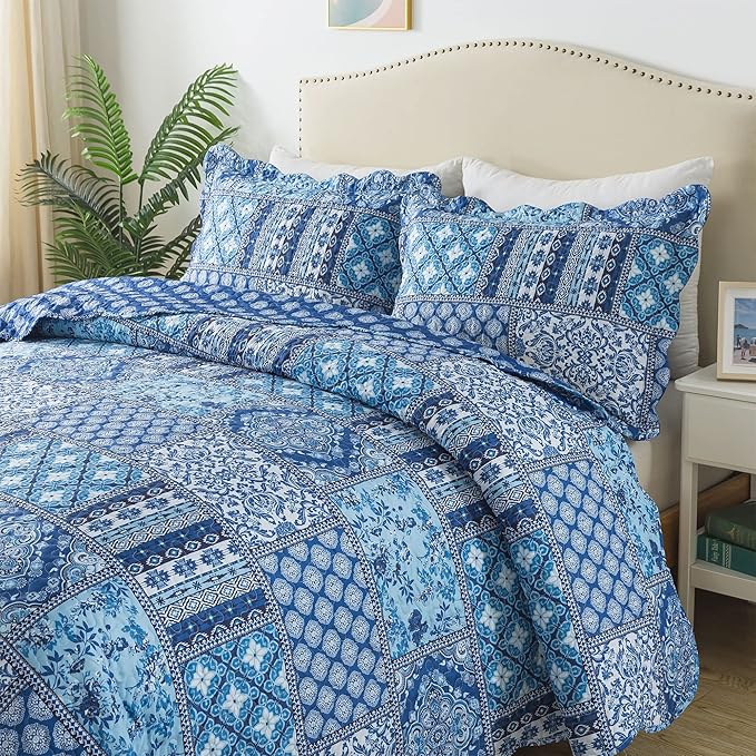 HoneiLife Rustic Quilt Sets Queen - 3 Pieces Microfiber Quilt Sets Lightweight Bedspreads Floral Coverlets Retro Bed Cover All Season Quilts-Blue