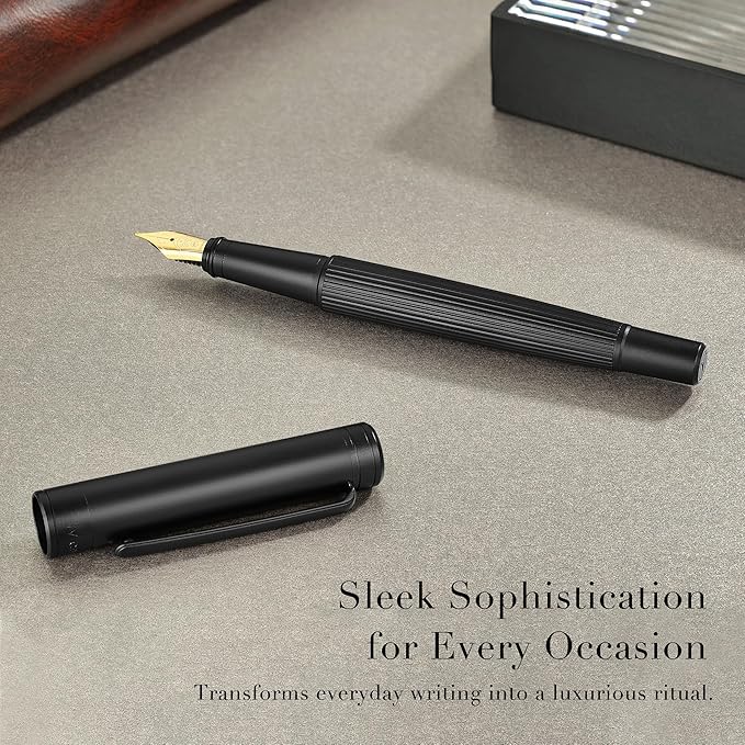 MCNTEIK Matte Black Fountain Pen, Exquisite Vertical Grooving Design, Ink Converter, 18K Gilded Nib (Extra Fine), Fancy Gift Set for Men & Women, Office, Smooth Writing Calligraphy Pens